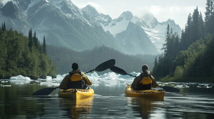 Two people are paddling kayaks down a river surrounded by mountains. The scene is calm and tranquil, with the sound of the water and the gentle breeze from the mountains creating a sense of relaxation