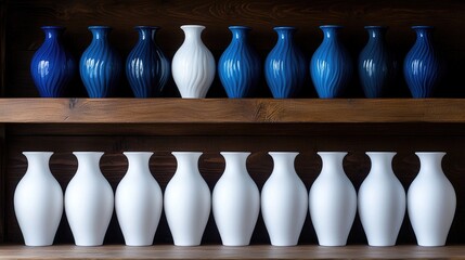 Unique white vase among blue and white vases on wooden shelves