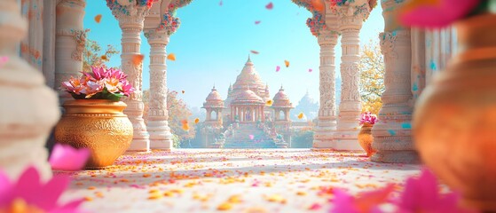 Indian Frame with Holi Colors, gold Patterns, Pots and Lotus Flowers in Hindu Temple with Domes. Copy space. Generative AI