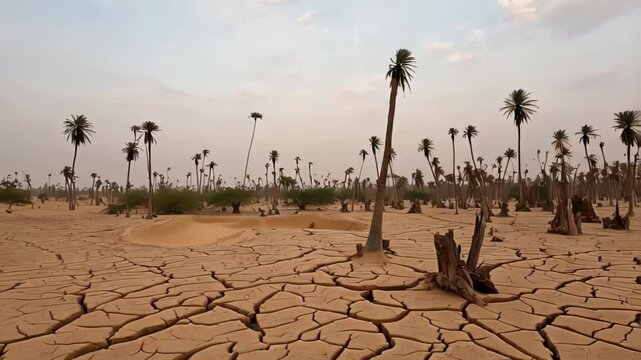 Vast landscape of parched, cracked earth stretches into the distance, dotted with sparse, leaning palm trees under a hazy sky, depicting the harsh reality of drought and desertification in arid region