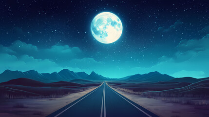 Night road across starlit desert under a full moon. Stellar Path. Illustration