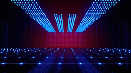 futuristic dance floor with vibrant blue LED lights forming a mesmerizing grid pattern