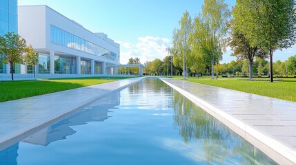 Modern office building, tranquil water feature, sunny park. Ideal for corporate real estate