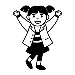 Cheerful black and white illustration of a happy girl with pigtails, wearing a jacket and raising her arms. The minimalistic vector design conveys joy and excitement with a playful style