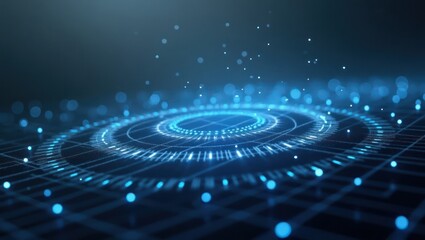 futuristic digital interface with glowing blue concentric rings and particle effects floating in a dark virtual space.