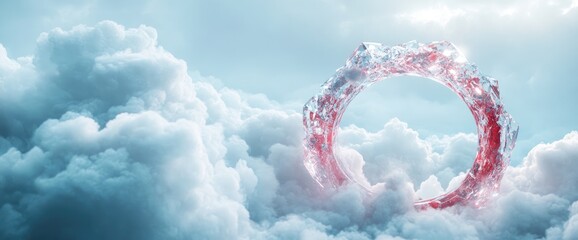 Fototapeta premium Red crystal ring floats above cloudscape; ethereal, spiritual, fantasy concept; ideal for website backgrounds, album art