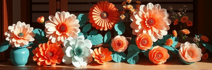 Colorful paper flowers in shades of orange and teal arranged in a decorative display conveying a cheerful and festive atmosphere, set against a wooden background