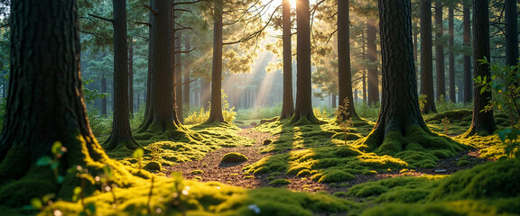 Serene forest landscape with tall trees and soft moss covering the ground, evoking tranquility and peace, amidst gentle sunlight streaming through the foliage