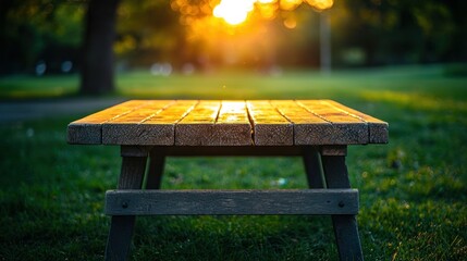 Naklejka premium Sunset park picnic table, grassy area, golden hour