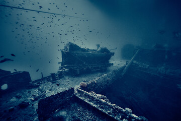 Mysterious underwater view on deck the ship wreck of SS Thistlegorm - British cargo steamship sunk...