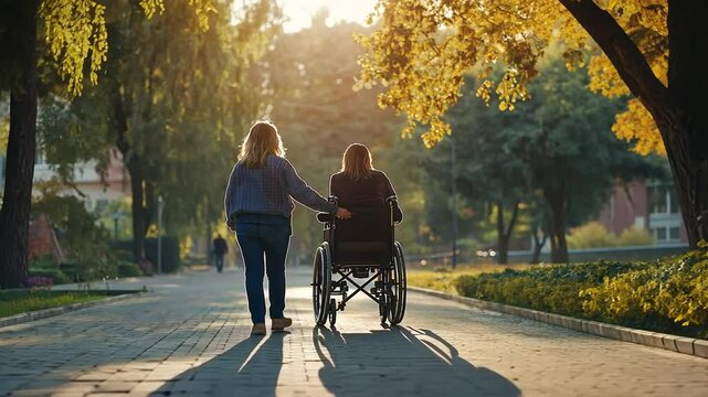 Woman assisting a person in a wheelchair in a park during sunset