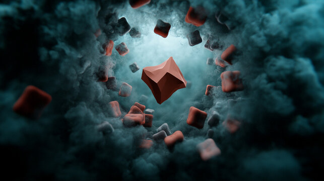 Abstract shapes floating in a misty atmosphere