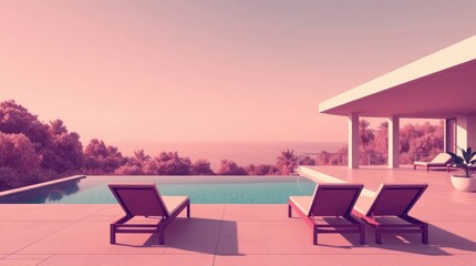 Fototapeta premium outdoor space with pastel skies, modern chairs, and a calming atmosphere