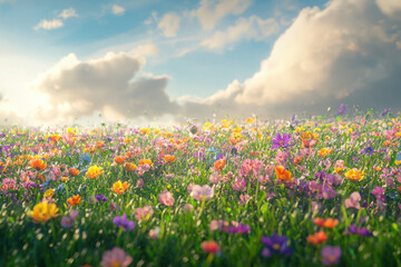 A picturesque alpine meadow filled with wildflowers, with rolling green hills and soft clouds overhead.