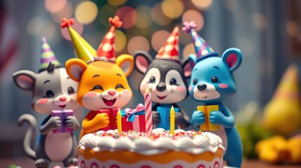 Fototapeta premium Cartoon animals with decorative birthday cake 
