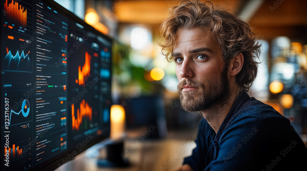Poster developer analyzing performance dashboards for enhanced productivity in modern workspace