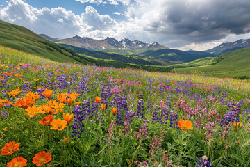 Obraz premium A scenic valley filled with colorful wildflowers, surrounded by majestic mountains and lush greenery.