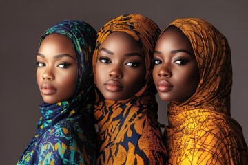 Obraz premium Three women wearing colorful scarves stand side by side. The women are dressed in traditional African clothing and are posing for a photo. Scene is lively and colorful
