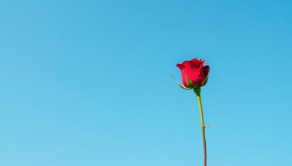 Obraz premium Single small red rose stem against the blue sky, minimalist, simple, color palette