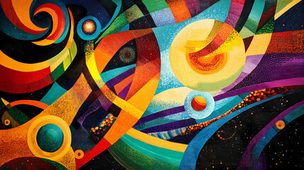 Fototapeta premium Abstract cosmic artwork depicting planets, stars, and a swirling path around earth. Stellar Path. Illustration