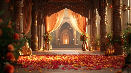 Indian Palace Courtyard with Wedding Decorations, Roses, Jasmine, Pillars, flowing Canopies and Lanterns. Copy space. Generative AI