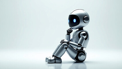 Robot thinking on bright background.  