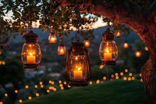 The evening wedding ceremony features a plethora of vintage lanterns, lamps, and candles. This outdoor setup is exceptionally unique, evoking a beautiful garden party atmosphere