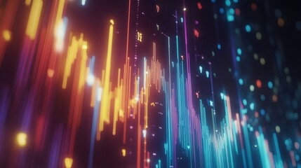 Vertical lines of glowing light in vibrant colors create a dynamic visualization of digital data streams, evoking concepts of information flow, networking, and technological advancement