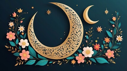 A crescent moon decorated with floral motifs, minimalist vector design, perfect for Ramadan Kareem.