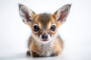Obraz premium Adorable baby dik-dik fawn, large eyes, sitting on white background.