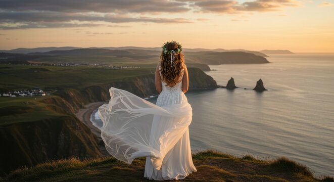 A romantic image of a bride wearing a flower crown, standing atop a dramatic cliff with her veil swaying in the wind.
