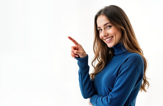 Smiling woman points to empty space. European female with long hair wears blue sweater. Image suitable for promo, mockup. Looks at unseen object, shows something new, exciting. Ideal for fashion