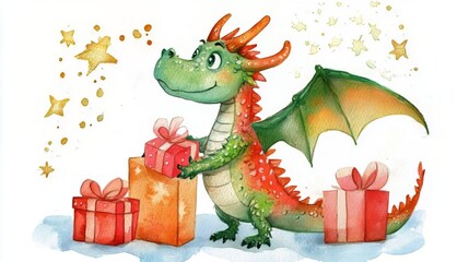 Naklejka premium Adorable Watercolor Dragon with Gifts - A Charming Illustration