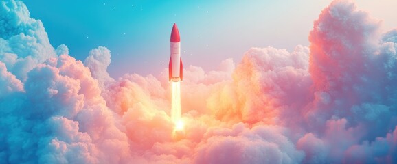 Rocket launching through colorful clouds, sky background, success concept, website banner
