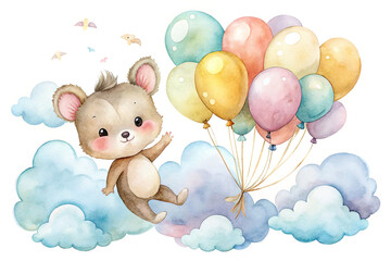 Cute watercolor mouse floating with balloons on clouds.