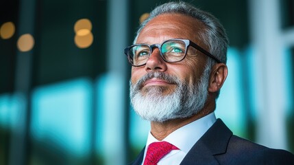 Confident businessman looking up, office background, success, leadership