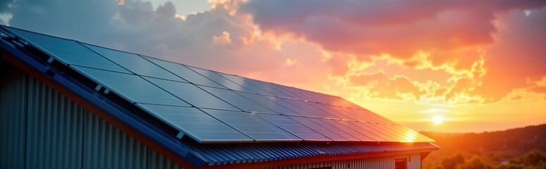 Many solar panels installed on building rooftop at sunset. Building with metal panels. Eco friendly renewable energy source. Clean energy tech for sustainable future. Alternative energy. Sustainable
