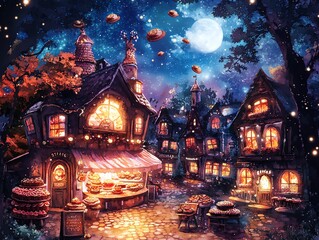 Obraz premium Tilted angle view of a whimsical bakery in a fantasy forest, illuminated by moonlight, enchanted pastries float around, watercolor style, warm colors, dreamlike atmosphere