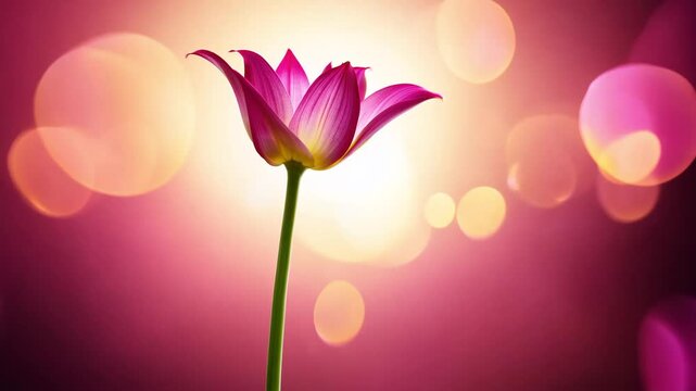 Cinematic dolly out video to reveal a graceful pink calla lily on a bright bokeh light animation background with magenta and gold colors