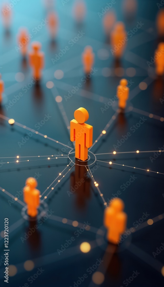 Aufkleber Orange person icons connected by lines in network structure on dark background. Global network of people connecting. Modern illustration social media network. Abstract tech concept for business