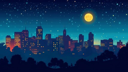Fototapeta premium Night city. Urban landscape houses night environment vector background