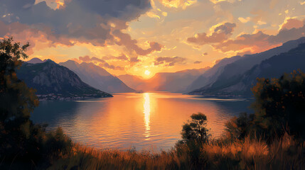 Fototapeta premium Sunset over the fjord in montenegro. Sunset Fjord. Illustration