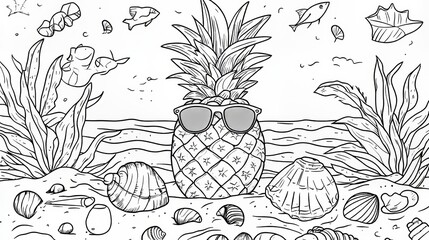 Seashells and pineapple in sunglasses on the seashore.Coloring book antistress for children and adults. Illustration isolated on white background.Zen-tangle style. Hand draw