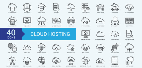 Cloud hosting icon collection set with cloud storage, data backup, cloud server, file sync