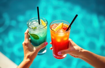 Two young women friends toast with colorful cocktails by turquoise swimming pool on sunny day. Enjoying summer vacation resort party. Hands hold glasses filled with refreshing drinks. Image