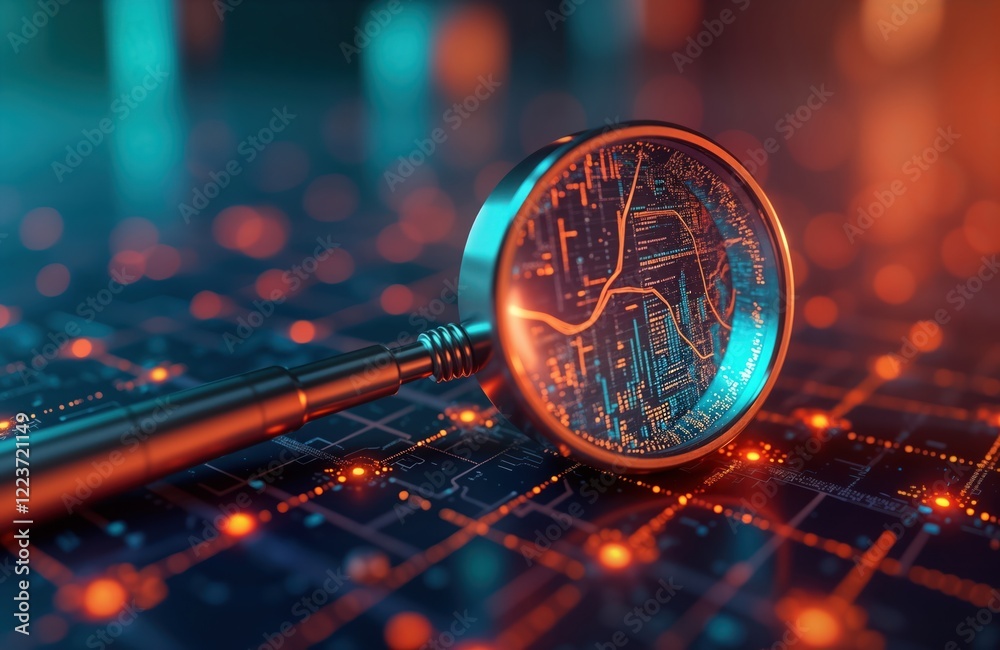 Aufkleber Futuristic tech illustration shows magnifier analyzing data on glowing circuit board. Modern data analysis concept. Abstract tech design search engine optimization with vibrant colors. Digital graph,