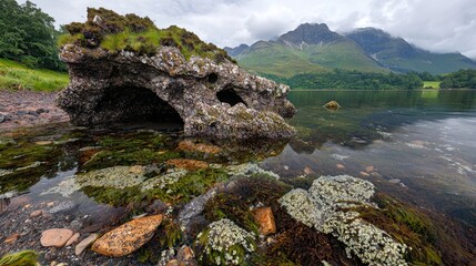 Scottish lochside rock formation, clear water, mountains. Nature photography for travel brochures