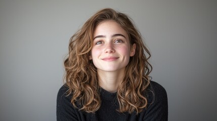 Fototapeta premium Smiling young woman with wavy brown hair looking at the camera against a neutral grey background.