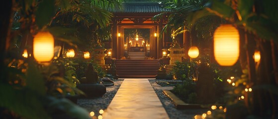 Luxurious Japanese Building with Paper Lanterns, wooden Carvings and Tiled Footpath in a Zen Garden. Copy space. Generative AI