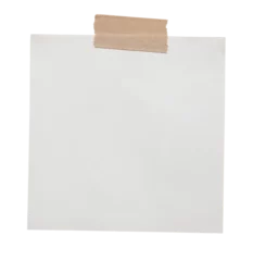 Empty note paper mockup. Message reminder card template isolated on transparent background. White paper texture. Grunge ripped brown adhesive washi tape. Business office stationery object © tabitazn